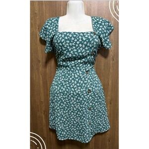 Sienna Sky Green Floral Whimsical Festival Square Neck Flutter Sleeve Dress M